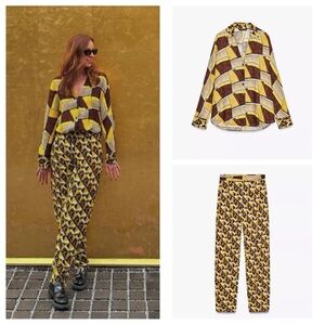 Zara Black and Gold Geometric Wide Leg Pants